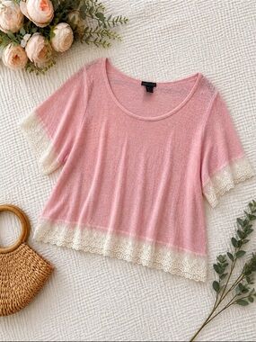 Mascara Pink Scoop Neck Top with Cream Lace Trim